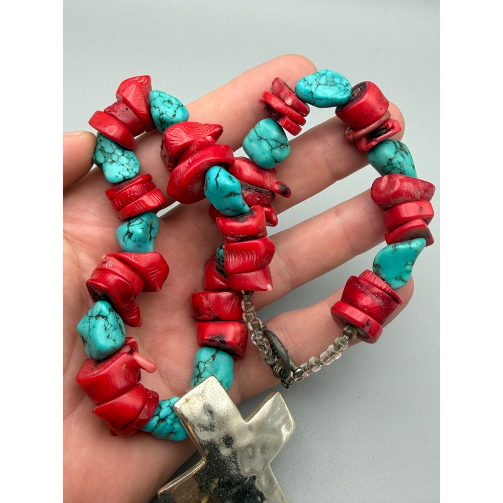 Vntg Red Coral Turquoise Nugget Necklace Large Cross Pendant Southwestern #1155 - Picture 3 of 7